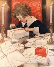 vintage drawing of girl wrapping holiday presents