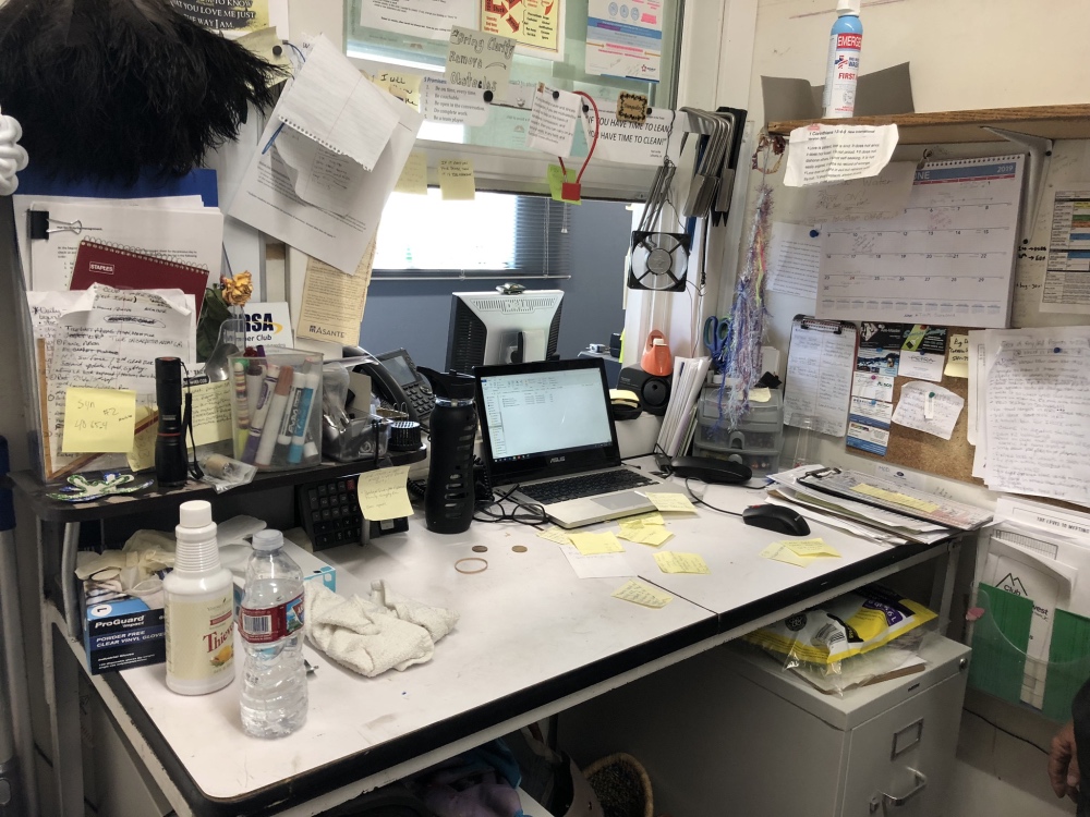 cluttered disorganized shared desk