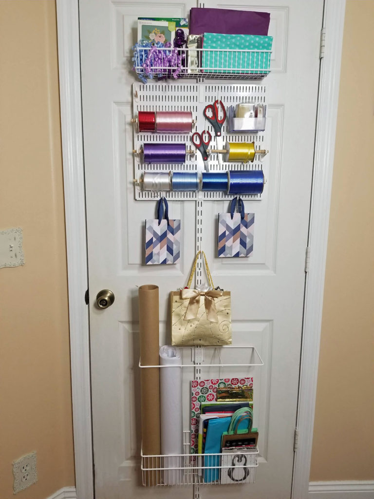 wrapping paper station on a door