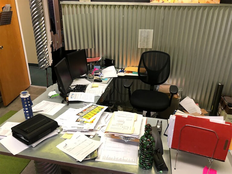 messy, cluttered professional desk