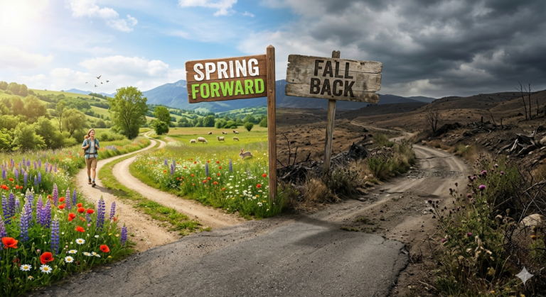 a woman hikes and reaches a sign - she can choose to spring forward or fall back
